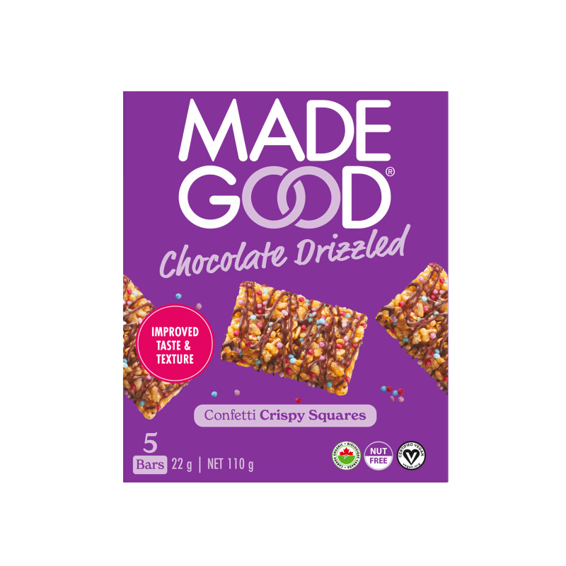 A box MadeGood chocolate drizzled confetti crispy squares