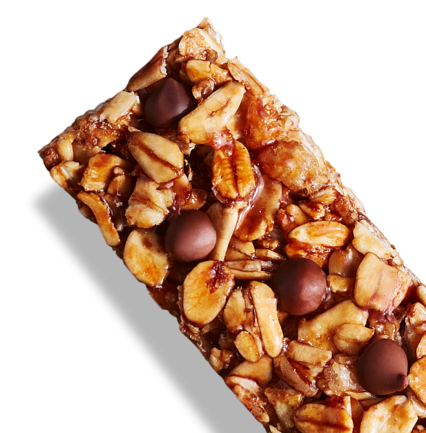 An unwrapped granola bar with chocolate chip and oat grains