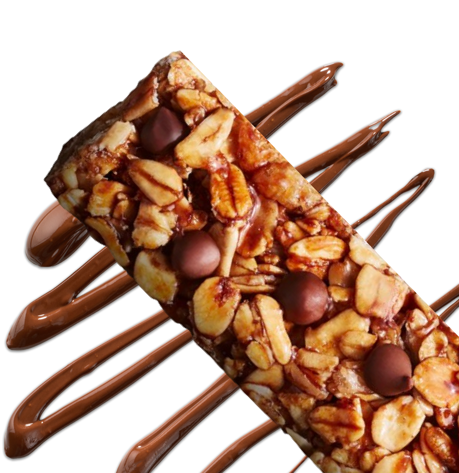 An unwrapped granola bar with oat grans and chocolate chips with a chocolate drizzle