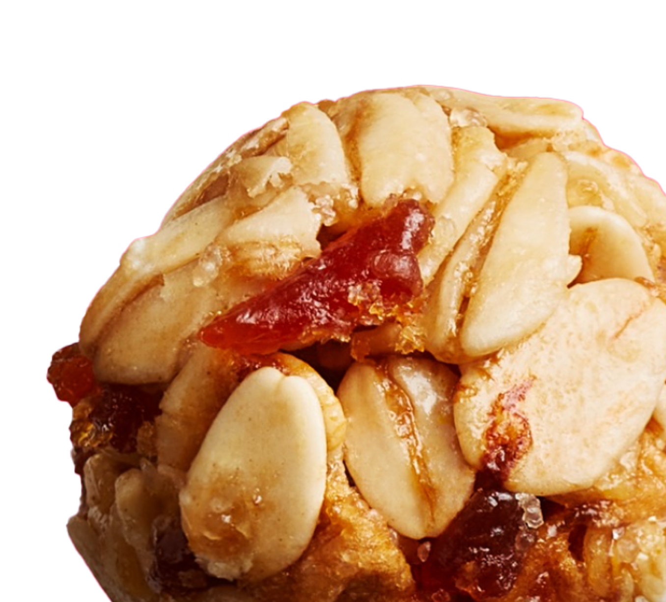 Close-up of a cookie topped with sliced almonds and a glossy red fruit jam. The background is a transparent grid, highlighting the cookie's texture.