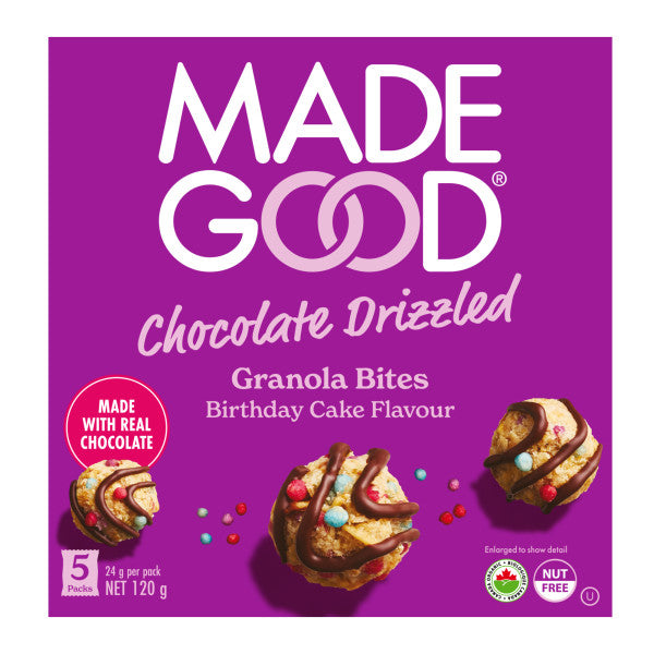 A box of MadeGood chocolate drizzled Granola Bites