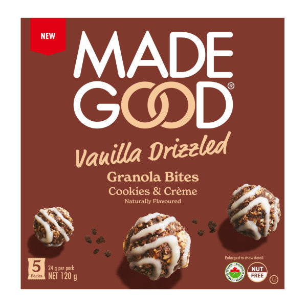 Box of MadeGood Vanilla Drizzled Granola Bites in Cookies & Creme