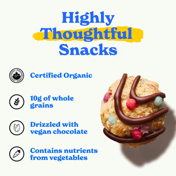 Highly thoughtful snacks: certified organic, 10g of whole grains, drizzled with vegan chocolate, contains nutrients from vegetables